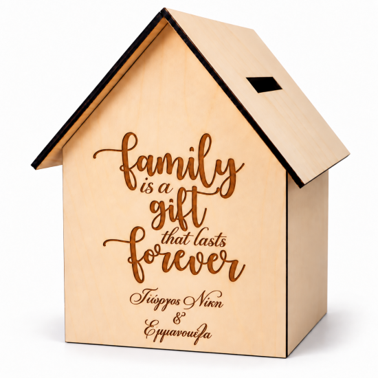 Κουτί Ευχών Γάμου Σπιτάκι «Family Is a Gift that lasts Forever» – Προσωποποιημένο Ξύλινο Κουτί Γάμου για Φακελάκια, με Εσοχή Επάνω, 25x25x40 cm  